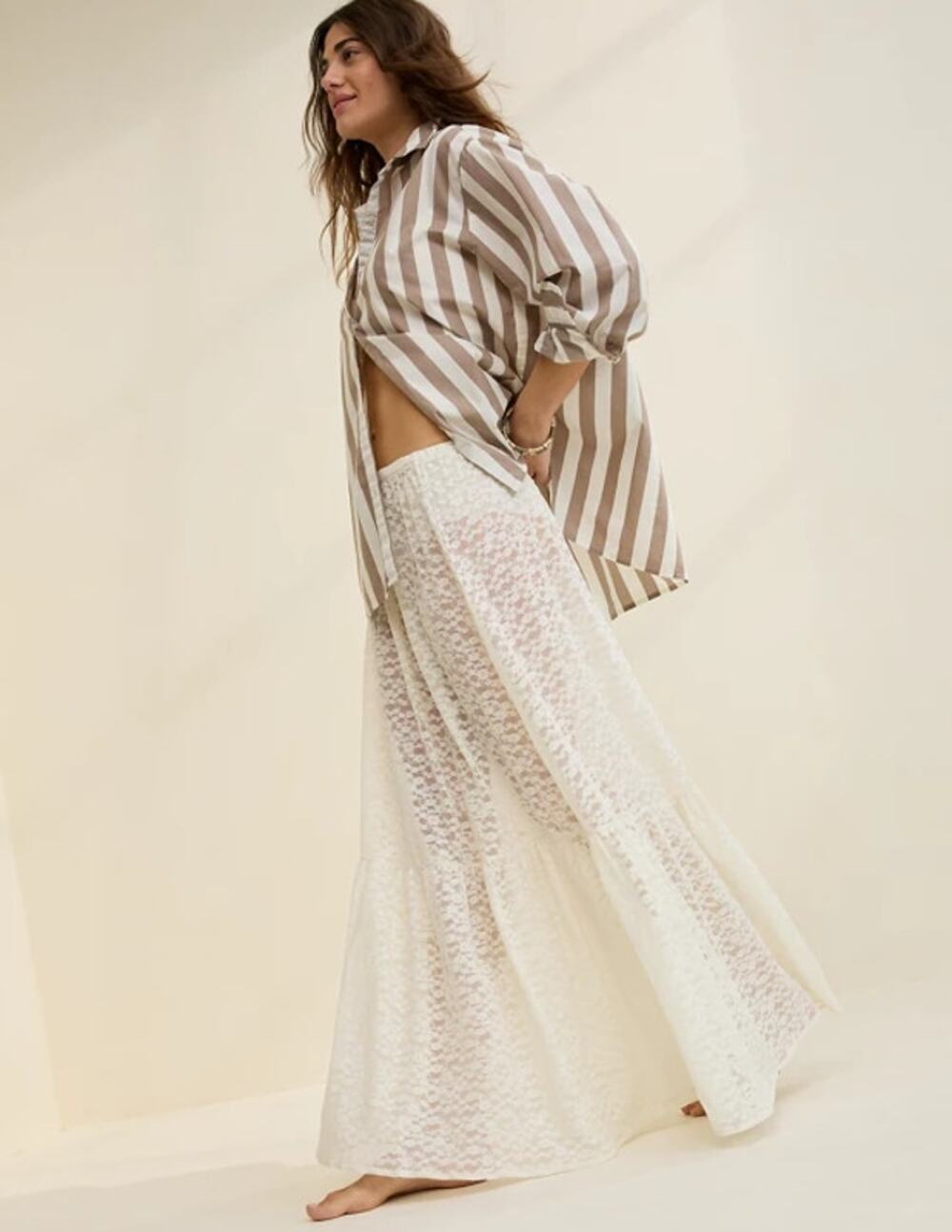 Aerie Size XS Tiered Lace Maxi Skirt Soft Muslin Cream See-Through Elastic Waist